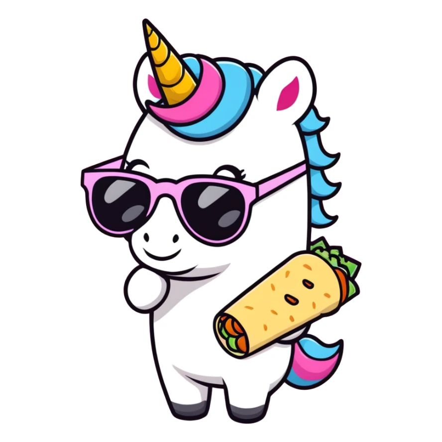 Unicorn wearing sunglasses and holding a burrito  sticker