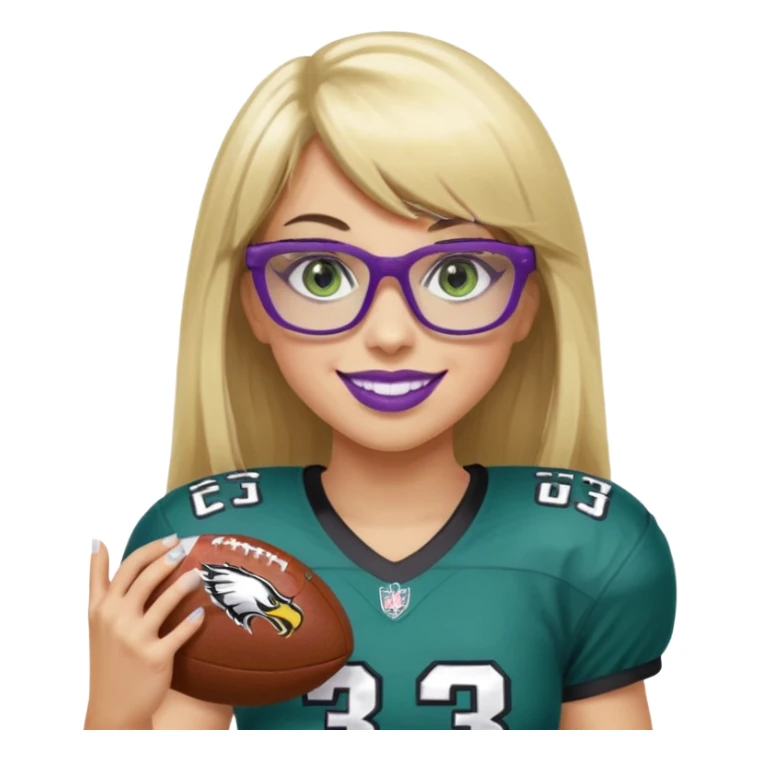 long blonde hair with straight bangs, wearing black rectangle glasses, female, green eyes football player wearing eagles uniform jersey number 33 holding football smiling purple lipstick sticker