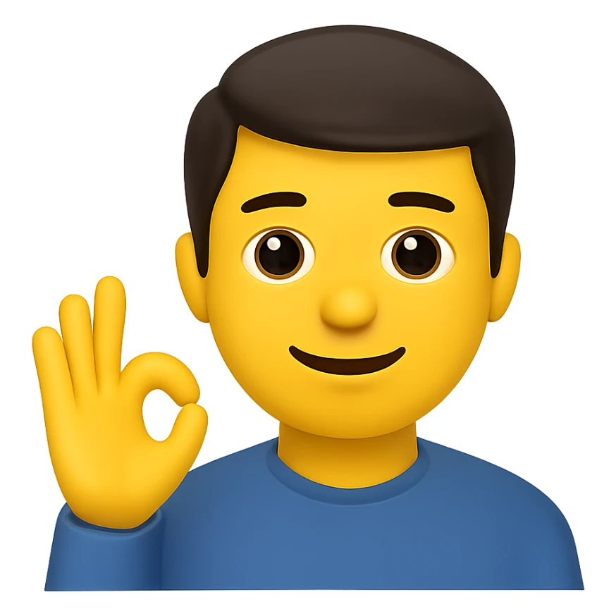 Edit the image to depict a man giving the 'okey' hand sign with a friendly expression in the style of apple emojis with normalized, natural-looking fingers. Maintain the apple emoji style but enhance finger naturalness and normalization. sticker
