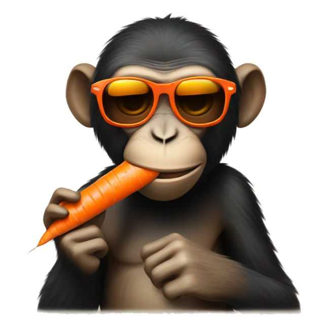 A monkey eating a carrot that is wearing sunglasses the carrot is wearing the sunglasses, not the monkey sticker