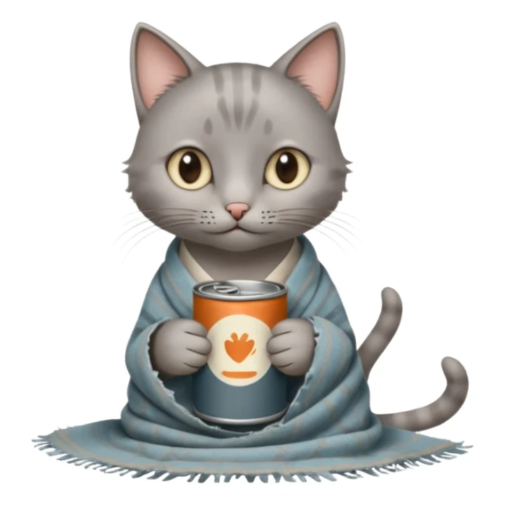 A thin grey cat curled on an old blanket, holding a tiny tin cup with its paws while looking shy but sweet.
 sticker