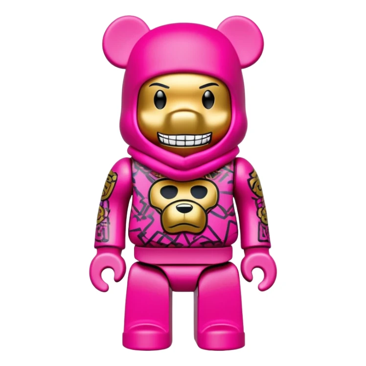 bearbrick toy figure wearing a bright pink balaclava with big pouty lips and gold grillz teeth visible, decorated with luxury brand logos and graffiti style patterns, striking a cool hip-hop pose with arms crossed confidently sticker