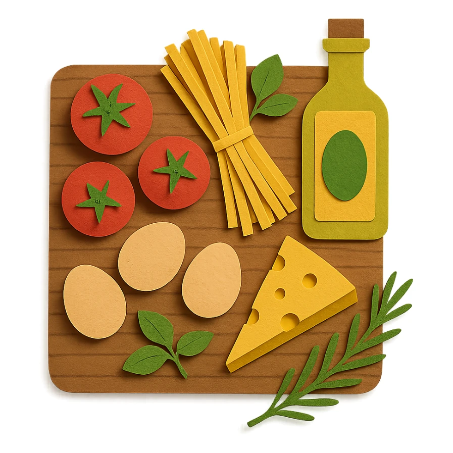 A realistic top-down view of a wooden kitchen table with various common ingredients neatly arranged (like tomatoes, pasta, eggs, cheese, herbs, olive oil). The background should be dark and soft to match a modern app interface. Lighting should highlight the ingredients naturally, with soft shadows. No text, no hands, minimalistic but warm and homely, like a mobile UI background for a cooking app. sticker