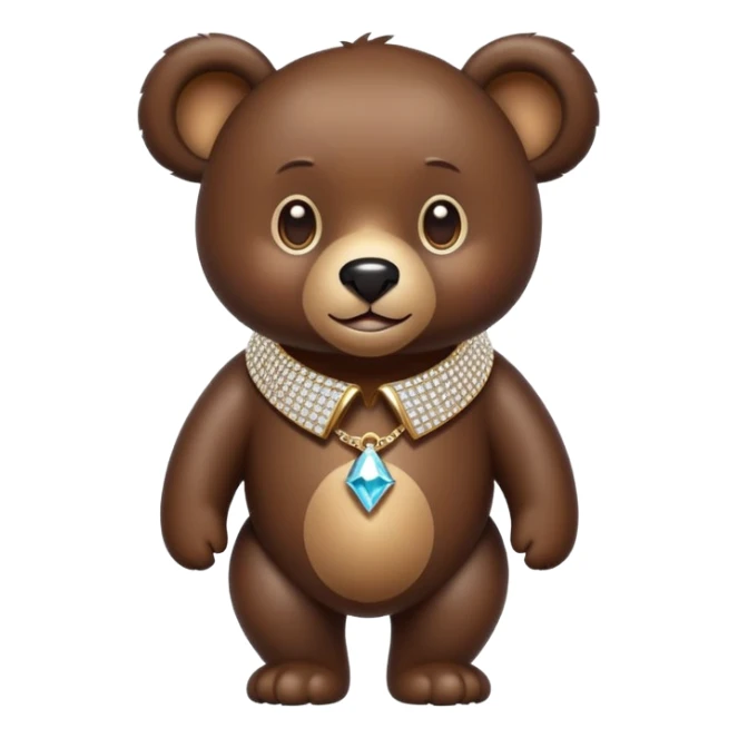 Dark brown bear walking on four paws wearing a luxury diamond-studded collar, shiny gems, minimalist emoji style sticker