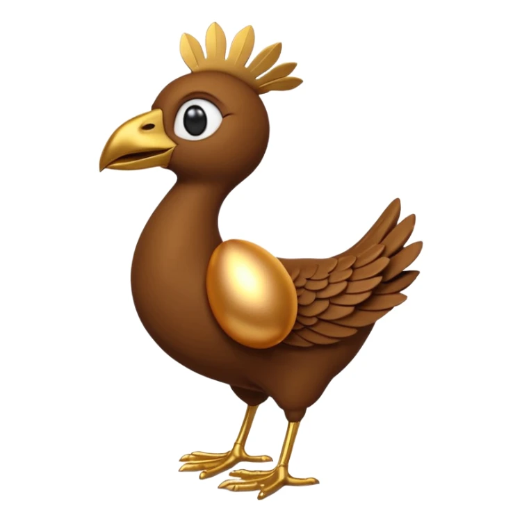 A 3D cartoon Sankofa bird with its head gracefully turned backward holding a golden egg in its beak, symbolizing learning from the past, single bird in frame, gold and brown tones, clean black background, Memoji-style rendering sticker