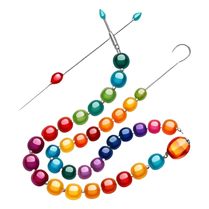 Create a harmonious and well-composed icon that represents the hobby of beadwork. The design should feature colorful beads, thread, and a beading needle or tool in a balanced arrangement. The elements should flow naturally, reflecting the creativity and precision of the craft. Ensure the composition is clean and aesthetically pleasing, with vibrant yet balanced colors. The background should be transparent. sticker