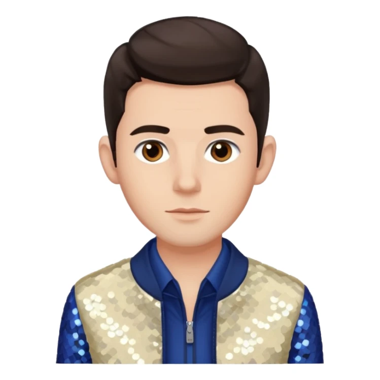 Jonathan Bailey with dark brown hair, brown eye, ivory sequin jacket, navy blue shirt sticker