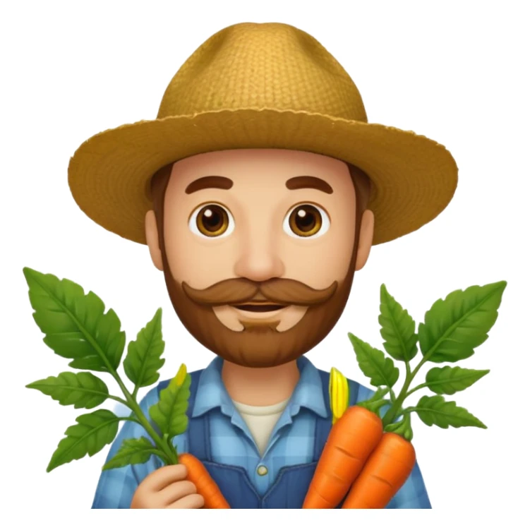 farmer emoji in classic apple style, same outfit and hat as original 🧑‍🌾, holding a fiddlehead fern instead of a carrot, light moustache and beard, facial features inspired by reference photo, cheerful expression sticker