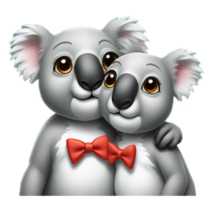 Two koalas cuddling, one with a bow on its head and the other with a bow tie sticker