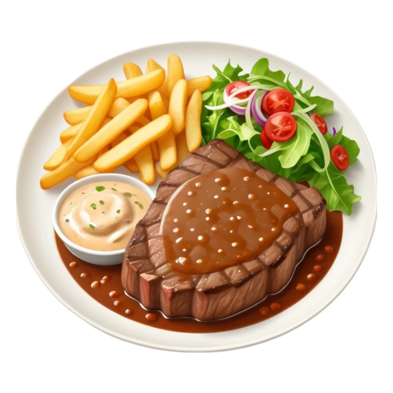 big juicy australian steak meal featuring chips, small salad in a ramiken and gravy  sticker
