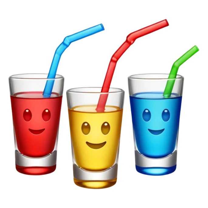 three shot glasses, each with a different colorful drink, classic emoji style, simple and clear sticker