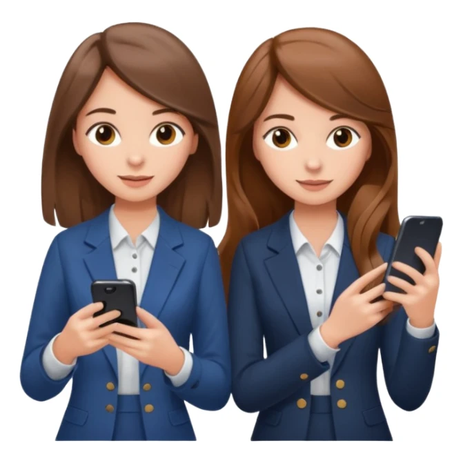 two brown haired girls, looking professional maybe leaned back on back and looking forward and using phones, with longer hair and with some cute clothes sticker