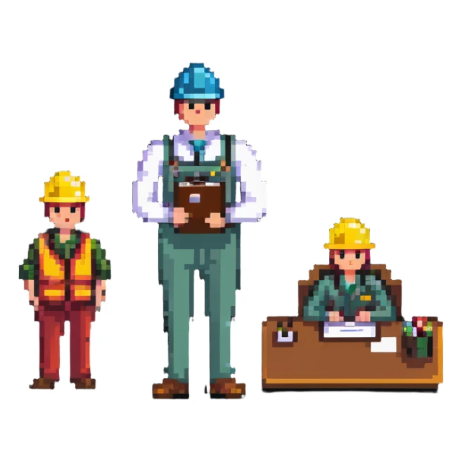 Boss employer with clipboard supervising workers sticker