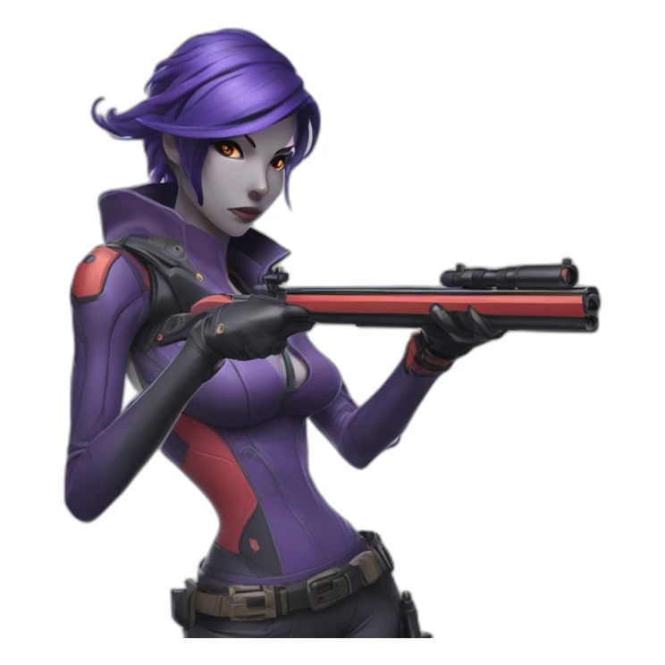widowmaker from overwatch, shooting and scoping targets with a slingshot, drawn in the style of one piece manga sticker
