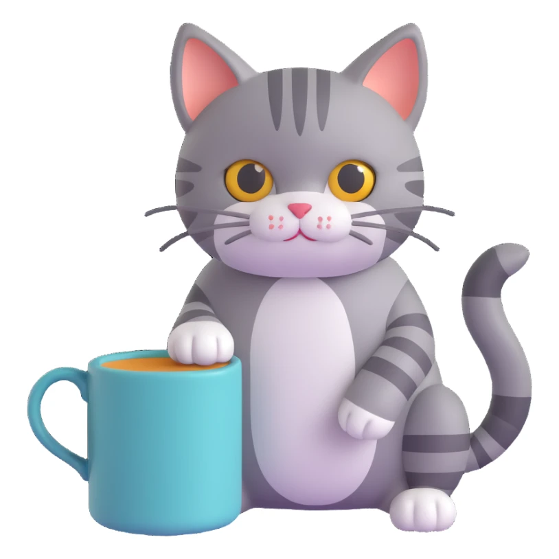A gray striped cat sitting at a table drinking water from a mug sticker
