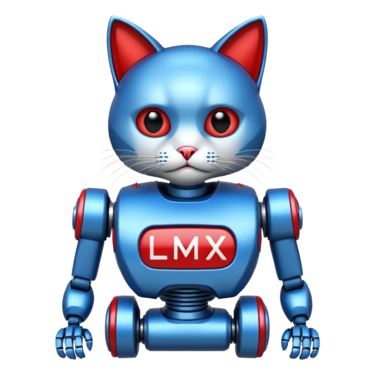 generate robot cat, glossy, realstic, red and blue color, add text on chest "LMX" sticker
