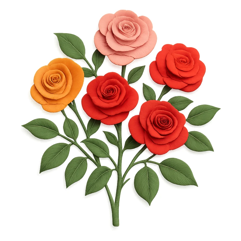 rose bush with many blossoms, delicate paper layers, expressive leaves, various rose colors sticker