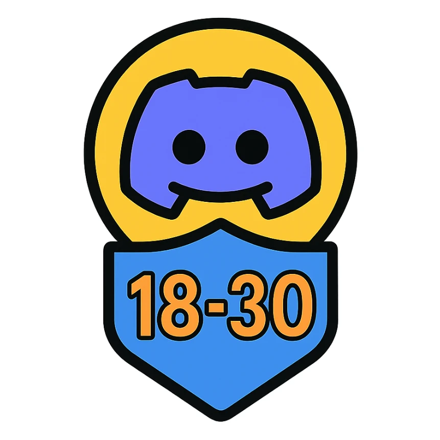 Discord role icon representing ages 18-30, modern, inclusive, subtle numbers '18-30', youthful vibe, community role badge sticker