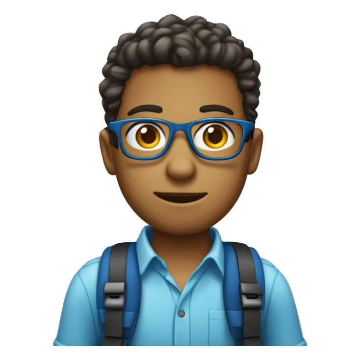 Joven con gafas, camisa azul y mochila sticker