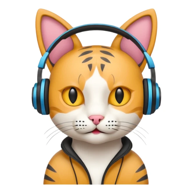 cat with headphones, simplified, bold shapes, suitable for a website icon sticker