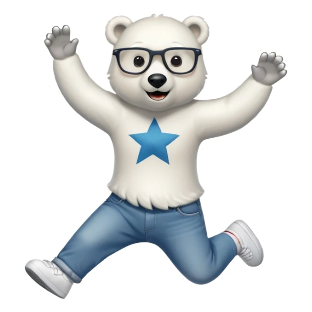 friendly anthropomorphised polar bear jumping and looking excited, wearing a shirt, jeans, trainers, star-shaped glasses sticker