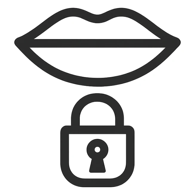 Minimal flat icon representing silence and restraint: a closed mouth combined with a lock or hourglass, symbolizing disciplined silence and internal focus. Monochrome, clean, premium style. sticker