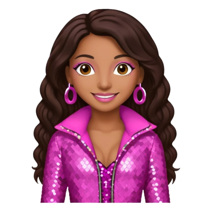 Mya, R&B Singer with dark brown long hair, pink sequin outfit sticker
