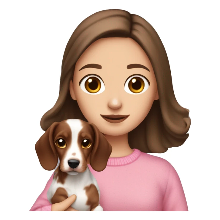 brown haired white girl with pink pullover holding a brown merle dachshund sticker