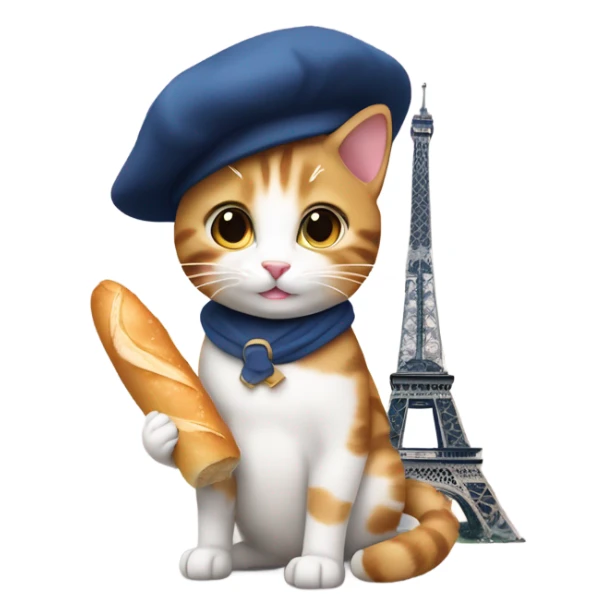 cat wearing beret holding baguette by eiffel tower sticker