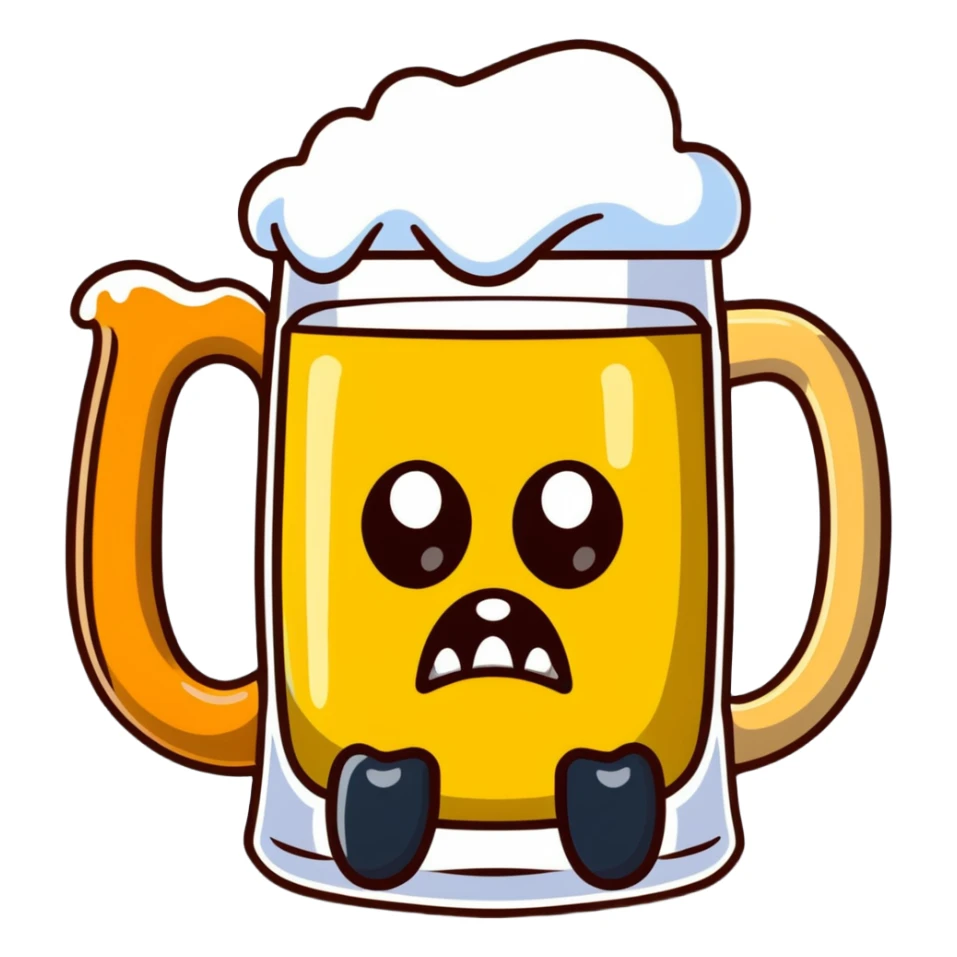 A wobbly beer tankard with monster eyes and sharp teeth like a mimic monster, overflowing with frothy beer sticker