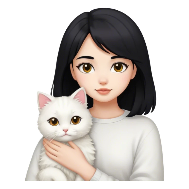 a light pink vibes cute girl with black medium hair and her white fluffy cat sticker