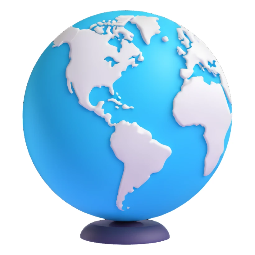 3D cyan globe icon with white land, modern style, soft lighting sticker