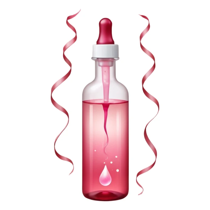 Translucent reddish-pink dropper bottle with white cap and minimal label, glowing softly. Floating in a faint red aura with swirling light ribbons and tiny peeling sparks lifting upward. by shimmer flakes, symbolizing cell renewal. Feels like a silky exfoliation elixir sealed in a potion vial  sticker