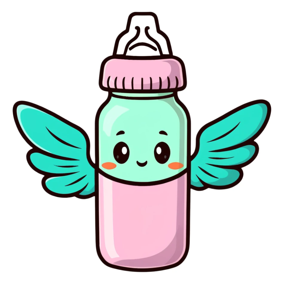 flying baby bottle with milk, wings, cartoon style sticker