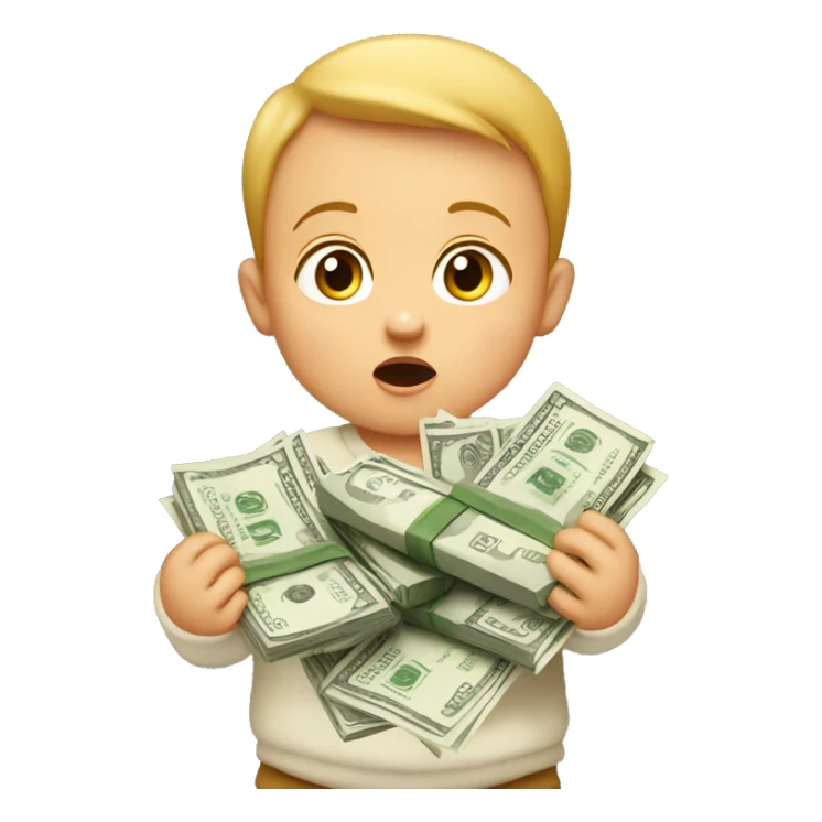 A surprised baby holding loads of money sticker