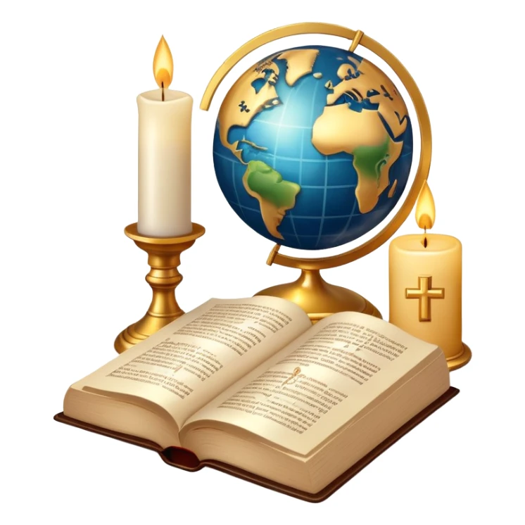An icon featuring a holy book, a candle, and a cross, symbolizing religious studies. The design includes a globe with various religious symbols like a crescent moon and a star, representing the diversity of beliefs. Transparent background highlights the exploration of world religions sticker