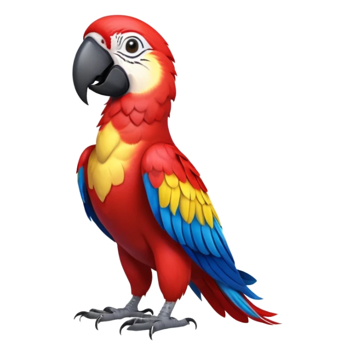 cinematic-macaw-realistic-full-body-standing-emoji,-vibrant-feathers-glowing-with-rich-reds,-blues,-and-yellows,-head-tilted-dramatically,-curved white-beak-gleaming,-piercing-dark-eyes-exuding-confidence,-simplified-yet-realistic-focused sticker