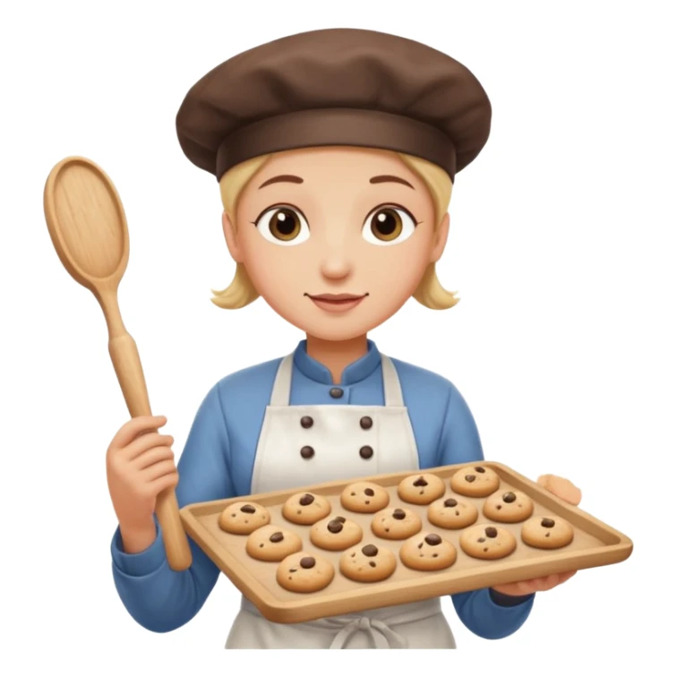 a baker holding a tray of cookies with a rolling pin sticker
