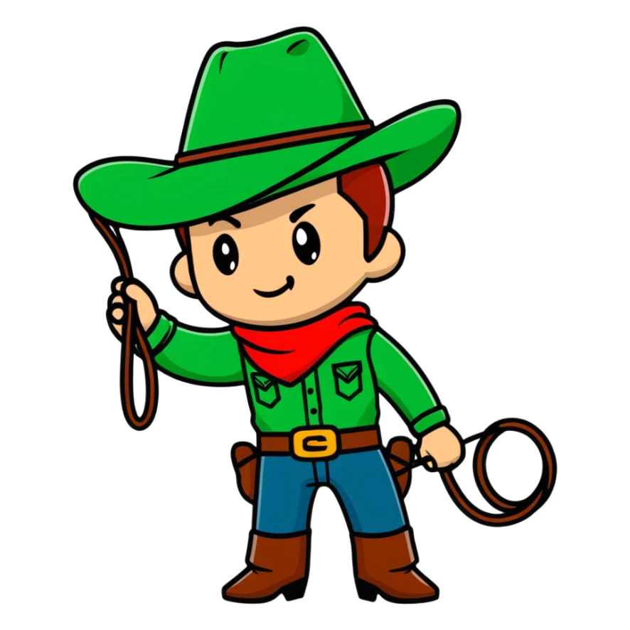 Cowboy wearing a green hat with a lasso sticker