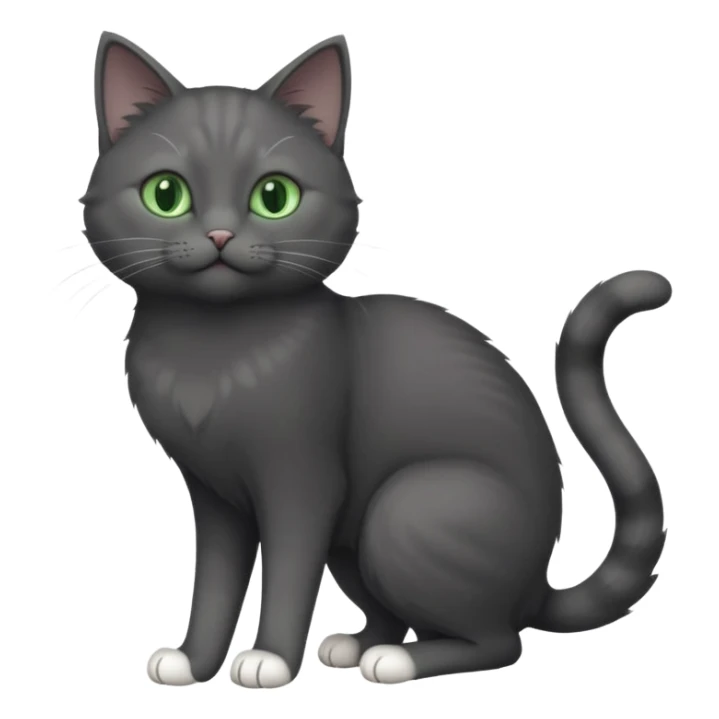 full body gorgeous solid dark grey cat with green eyes, white paws and white whiskers stretching like a cat sticker