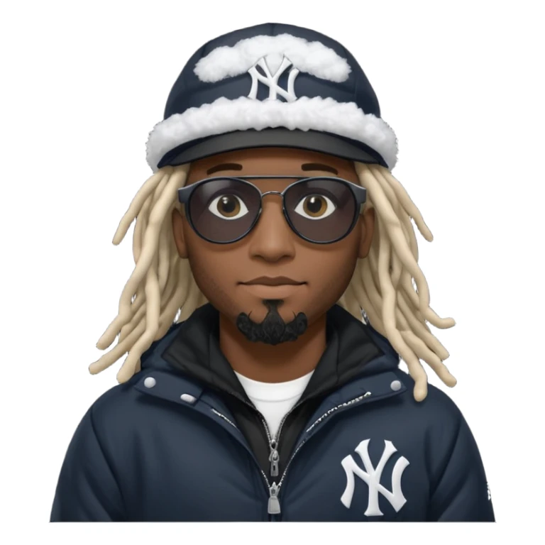 African American man with shoulder length dreadlocks and black sunglasses wearing a black New York Yankees baseball hat with a North Face bubble winter coat sticker