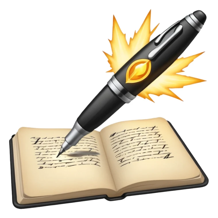 pen writing on a page with a glowing spark sticker
