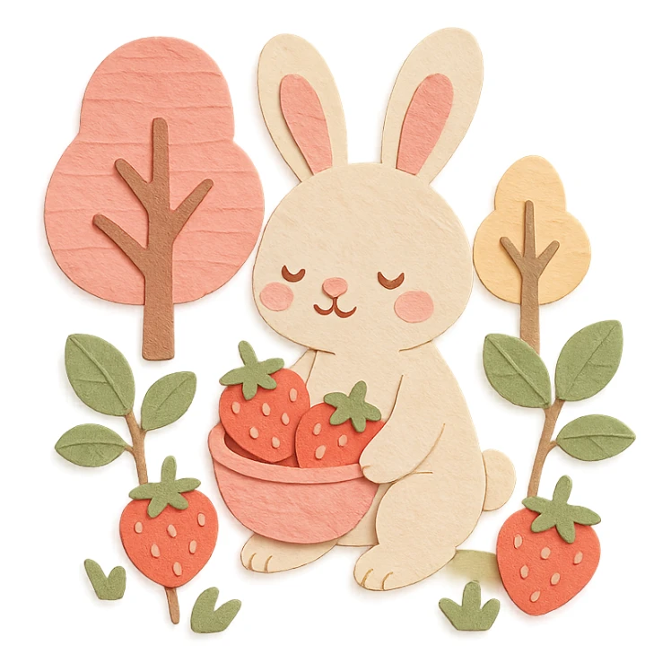 A bunny picking strawberries in the woods, sweet pastel red theme, soft pastel colors, paper-craft style, transparent background sticker