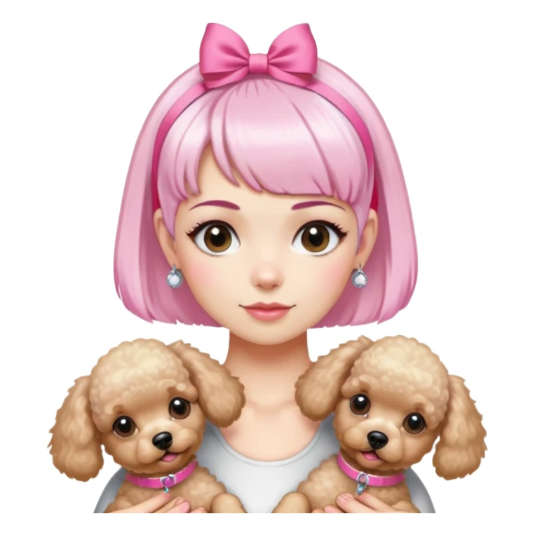 short pixie bangs platinated woman pink hair band，fair-skinned ,no earringsholding two poodles sticker