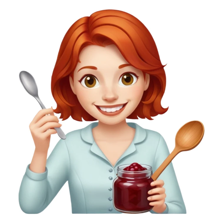 redhead woman with big smile taking some jam with a spoon from glass jar sticker