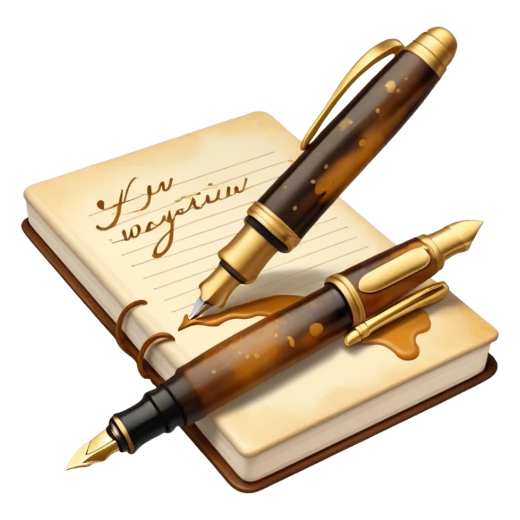 Create a vibrant emoji representing prose writing. The design should include a classic fountain pen or quill, an open notebook or a typewriter, with flowing text emerging from it. Use warm, earthy tones like brown, gold, and cream, along with subtle ink splatters to add a creative and artistic touch. The emoji should convey the idea of storytelling, creativity, and literary elegance. Make the background transparent. sticker