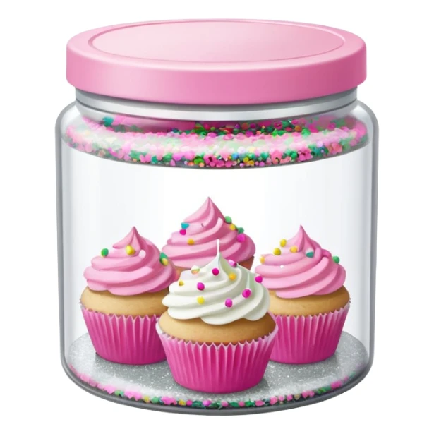 silver glitter in a small clear circular container with white lid, can of sprinkles, and pink cupcakes (all isolated)  sticker