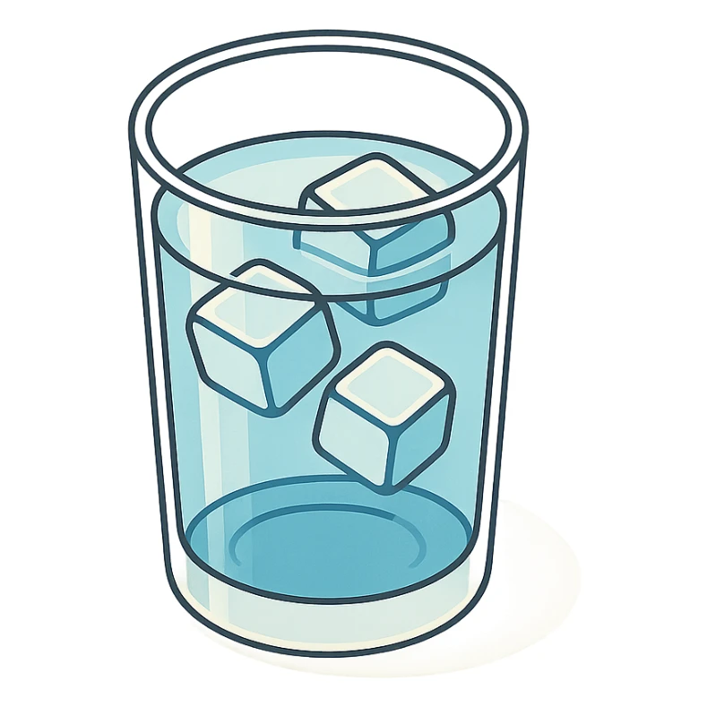 glass of water with ice, 2D isometric style, highly detailed drawing, shadows and highlights, clean contours, soft lighting, transparent background sticker