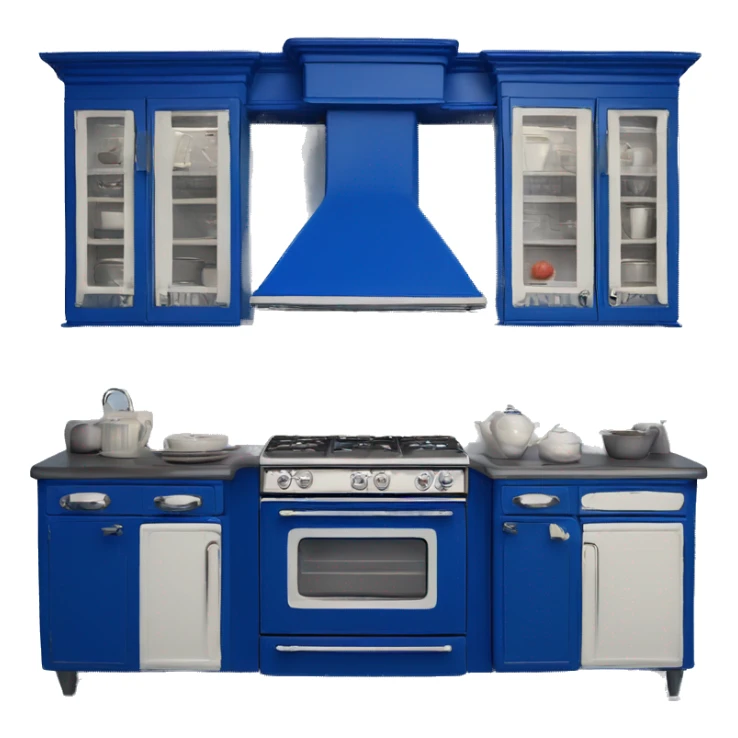 Isolated full length Realistic royal blue vintage retro kitchen range with cabinets and counters. sticker