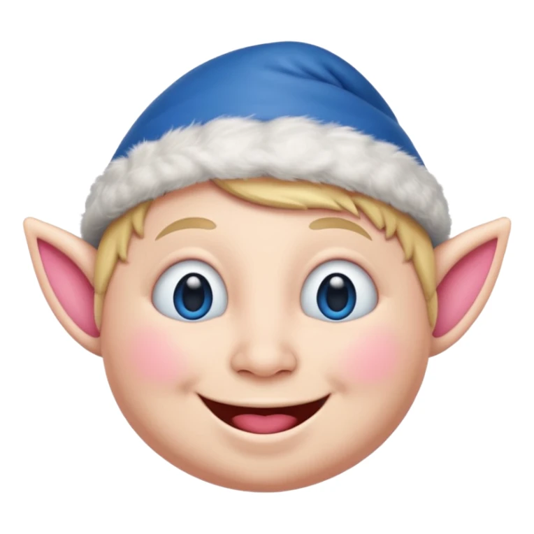A blue emoji with fat pink cheeks and is smiling like a elf sticker